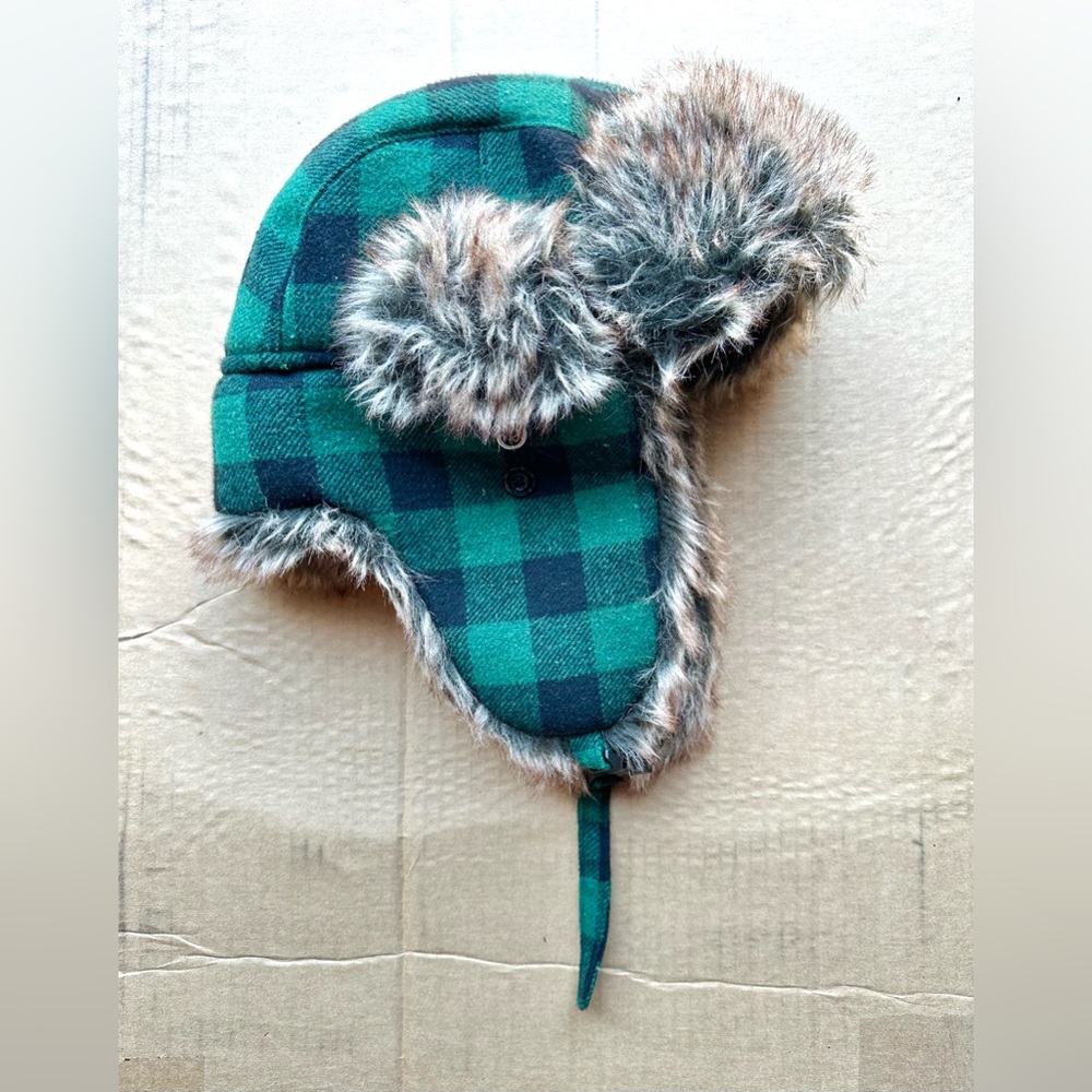 Wild Wear Faux Fur Green and Black Plaid Trapper Hat